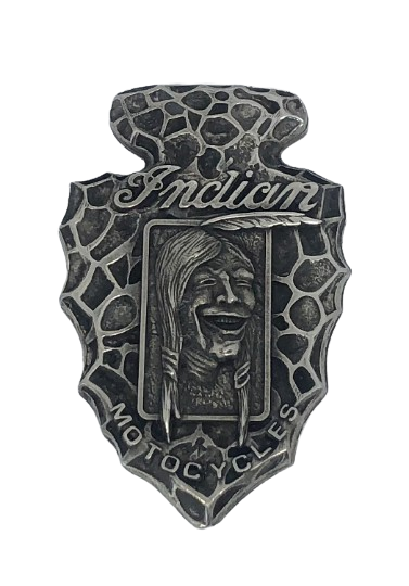 Laughing Indian medallion - Hendee Indian pewter badge - custom Hendee Indian Motorcycle fob - Indian Head medallion