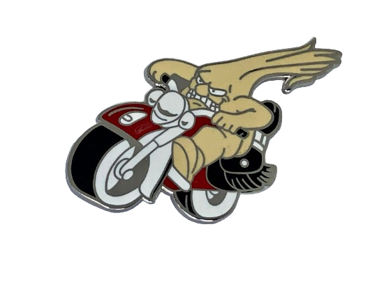 Indian Motorcycle lapel pin - the coolest Indian pin ever! Gilroy Indian lapel pin - Garlic lapel pin - Garlic riding an Indian