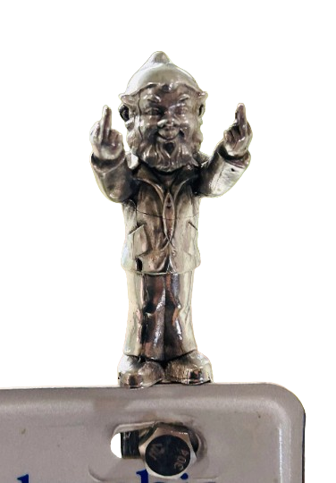 Garden Gnome plate topper - Middle finger gnome license plate top - Cute pewter garden gnome with middle fingers - rude gnome - funny gnome