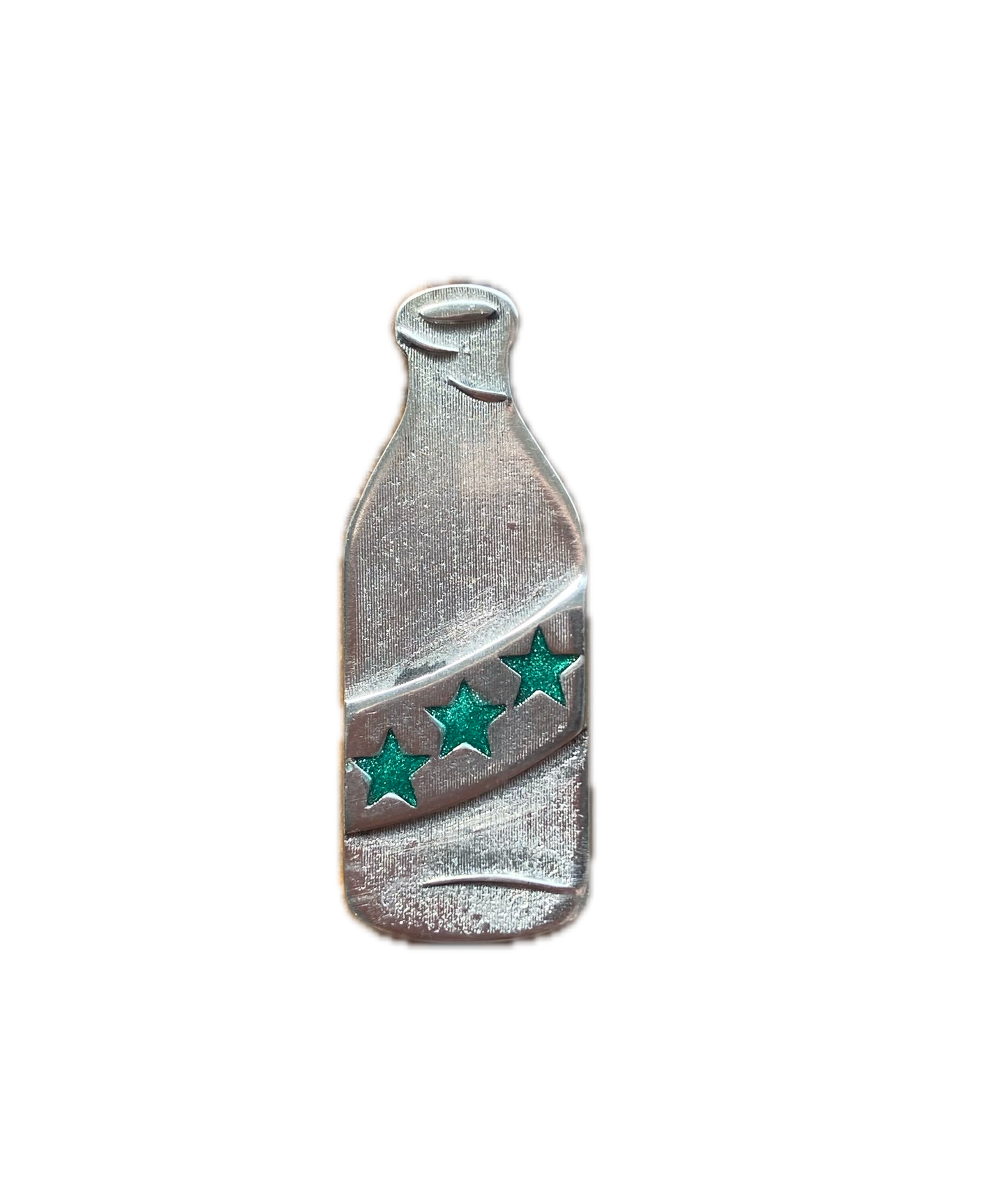 Hand Poured Pewter Boozefighters Style Bottle Lapel Pin – Green Epoxy Inlay