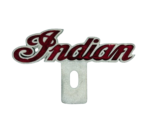 Indian Motorcycle logo license plate topper with red color fill - custom solid pewter Indian plate topper - Indian IMRG logo badge