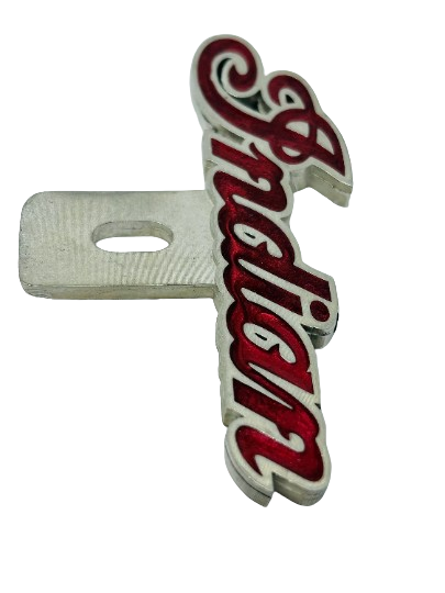 Indian Motorcycle logo license plate topper with red color fill - custom solid pewter Indian plate topper - Indian IMRG logo badge