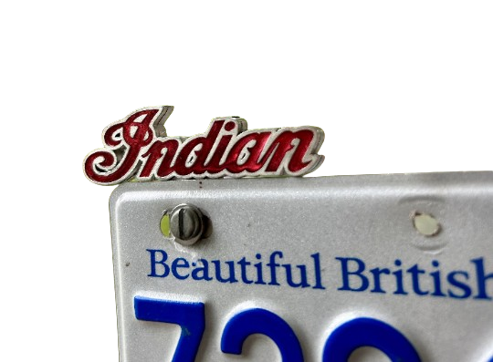 Indian Motorcycle logo license plate topper with red color fill - custom solid pewter Indian plate topper - Indian IMRG logo badge