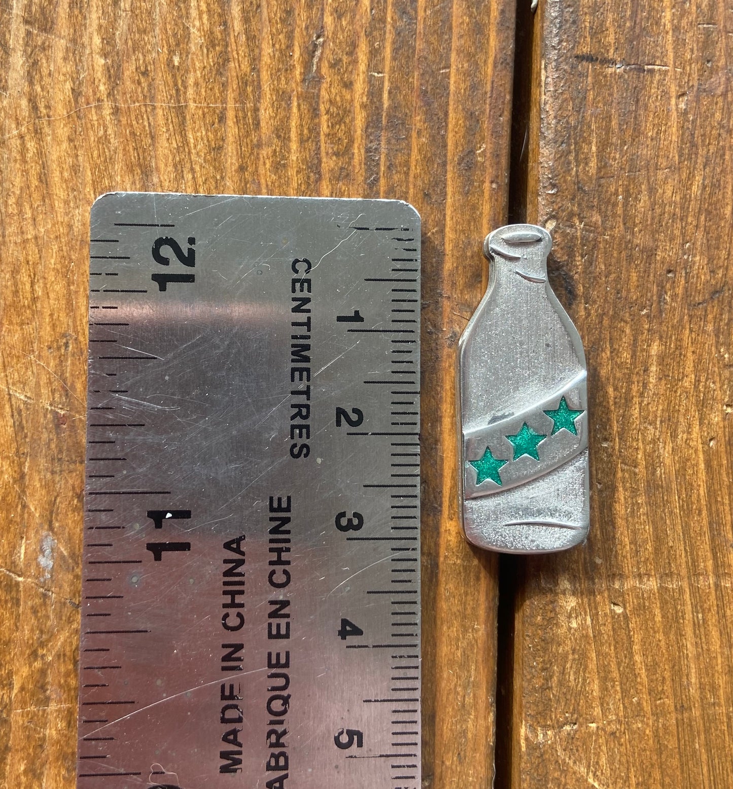 Hand Poured Pewter Boozefighters Style Bottle Lapel Pin – Green Epoxy Inlay