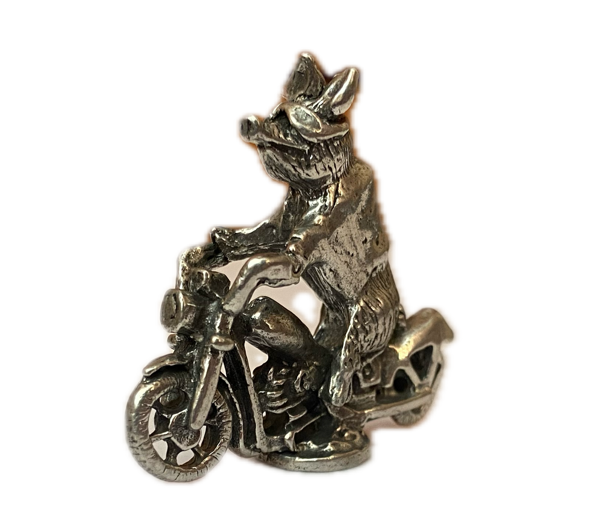 Pewter Hog Riding Motorcycle Figurine, Hand Poured Miniature Biker Pig,  Desk Collectible, Biker Gift