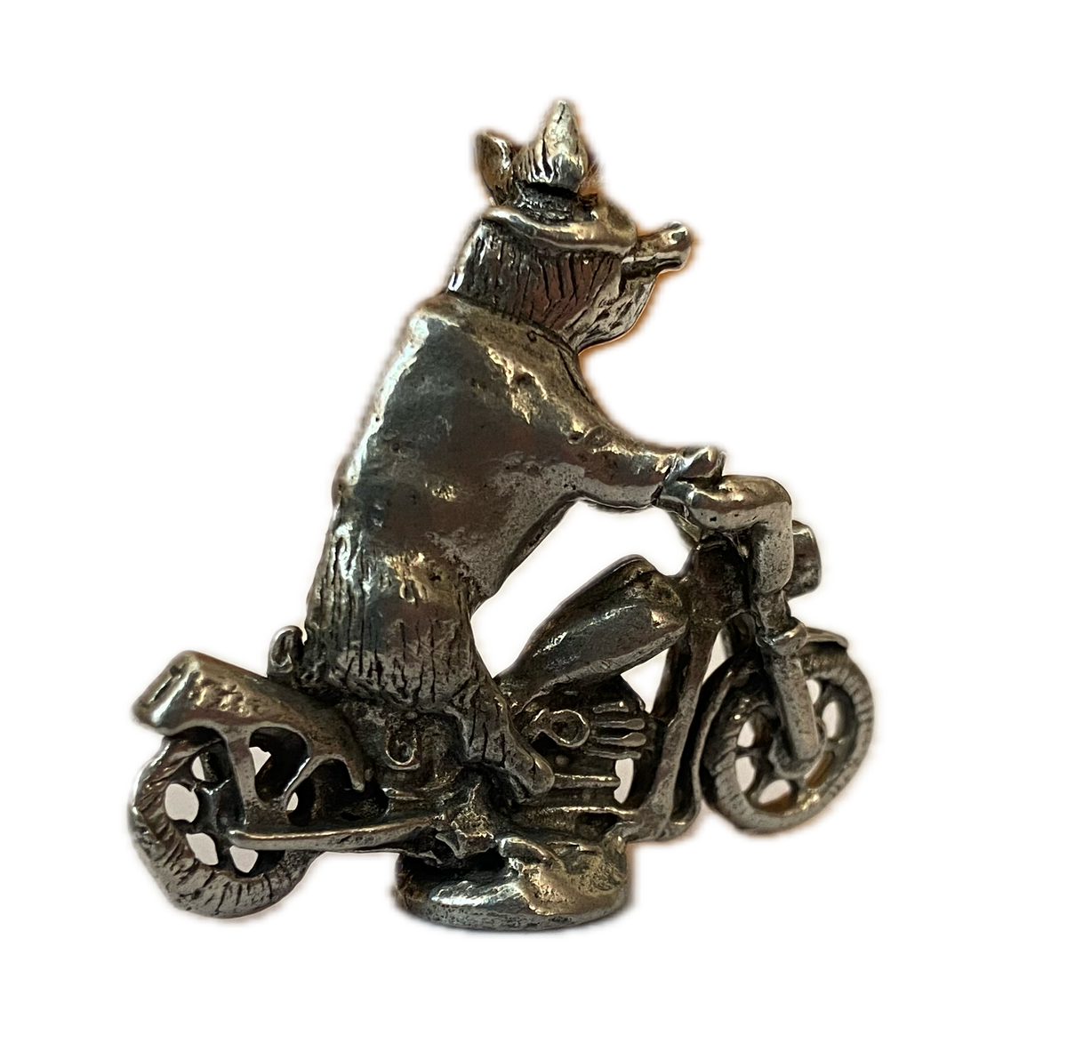 Pewter Hog Riding Motorcycle Figurine, Hand Poured Miniature Biker Pig,  Desk Collectible, Biker Gift
