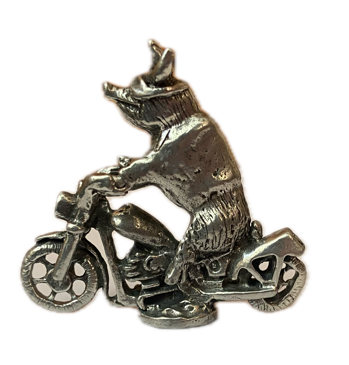 Pewter Hog Riding Motorcycle Figurine, Hand Poured Miniature Biker Pig,  Desk Collectible, Biker Gift