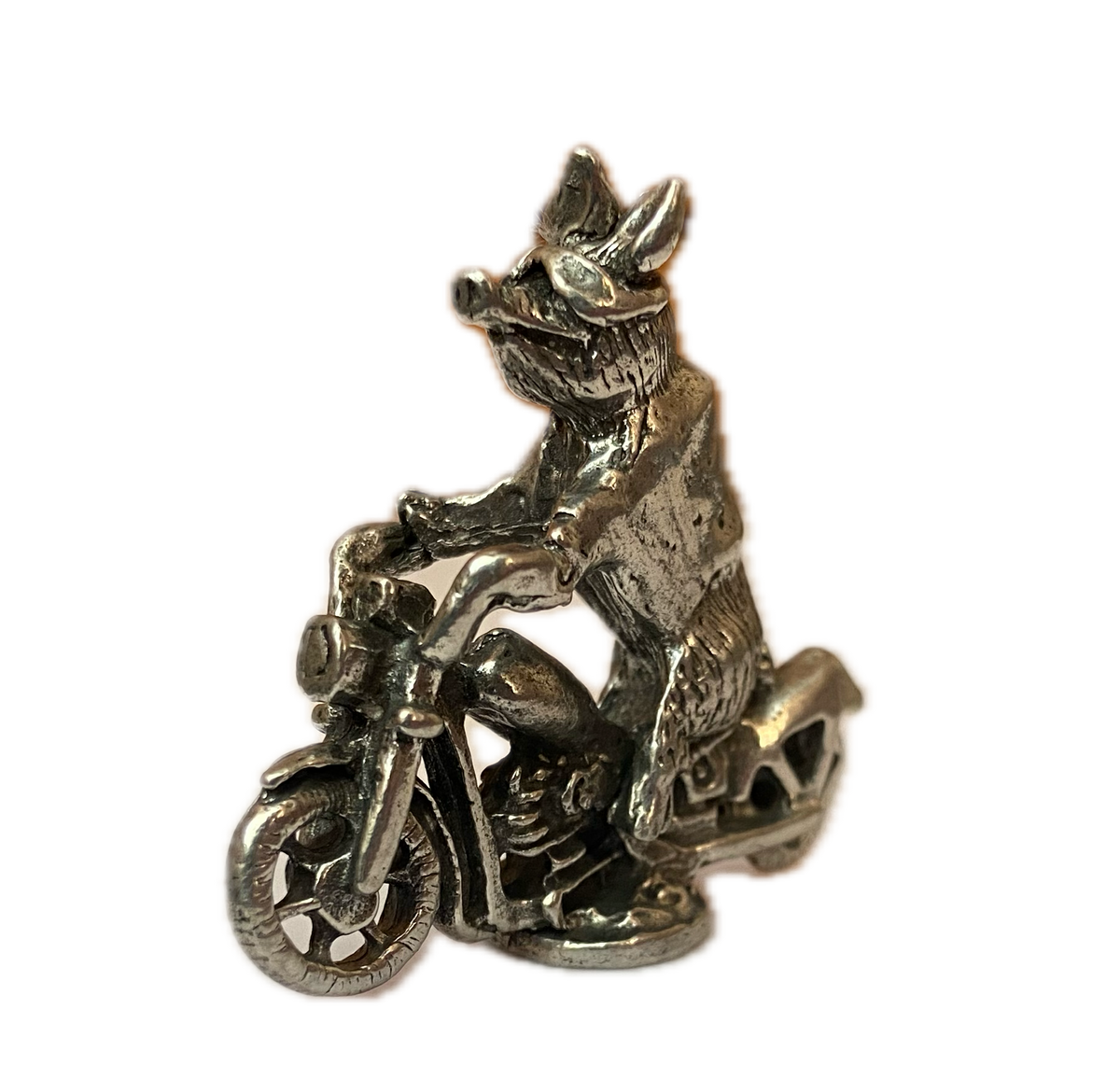 Pewter Hog Riding Motorcycle Figurine, Hand Poured Miniature Biker Pig,  Desk Collectible, Biker Gift