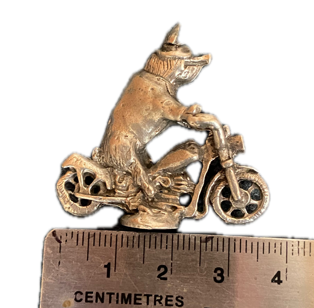 Pewter Hog Riding Motorcycle Figurine, Hand Poured Miniature Biker Pig,  Desk Collectible, Biker Gift