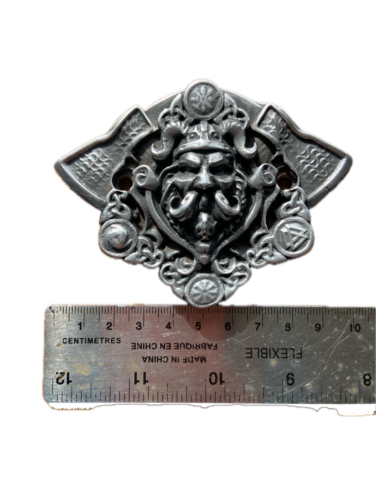 Viking Motorcycle Horn Cover – Norse Warrior Head and Axes Hand Cast in Solid Pewter