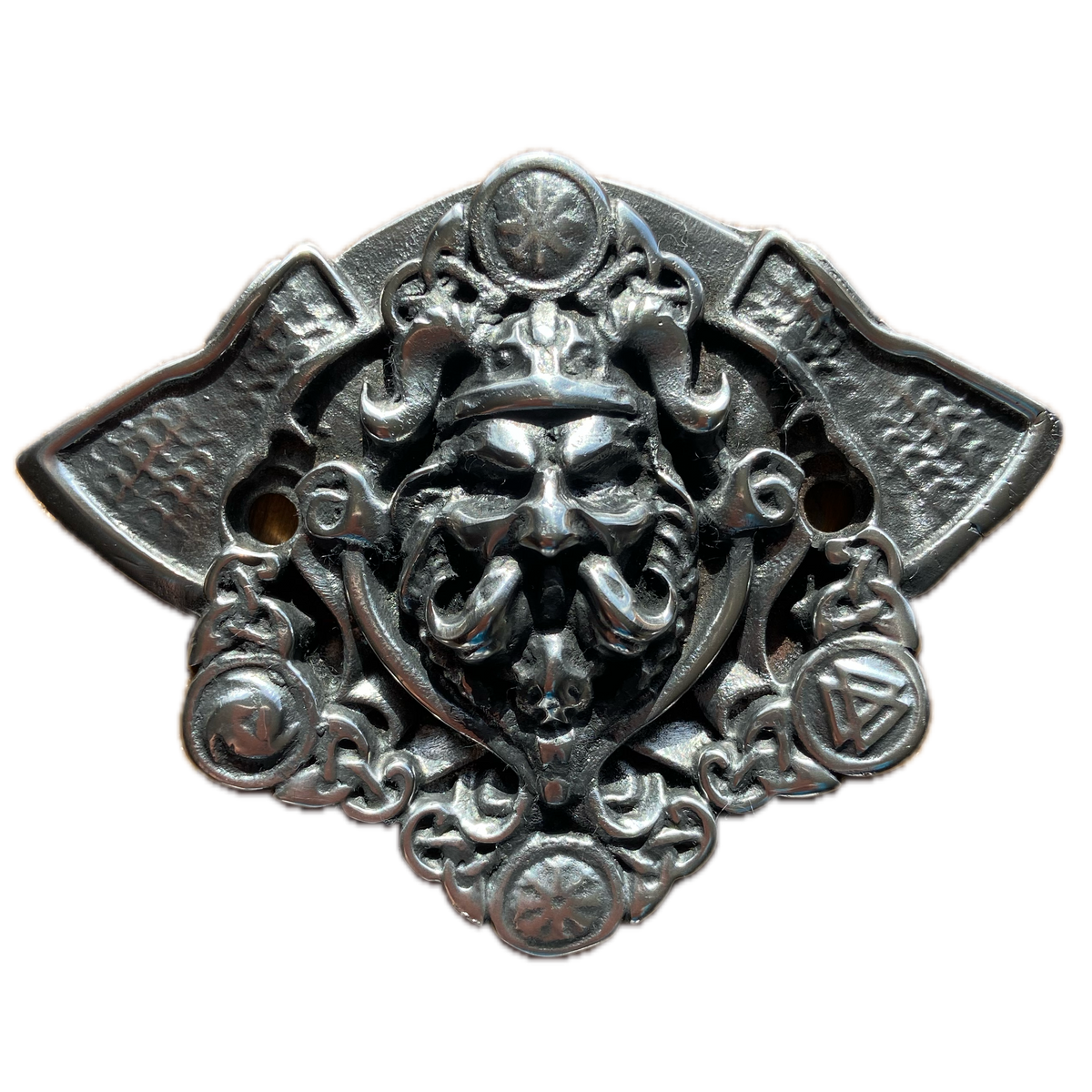 Viking Motorcycle Horn Cover – Norse Warrior Head and Axes Hand Cast in Solid Pewter