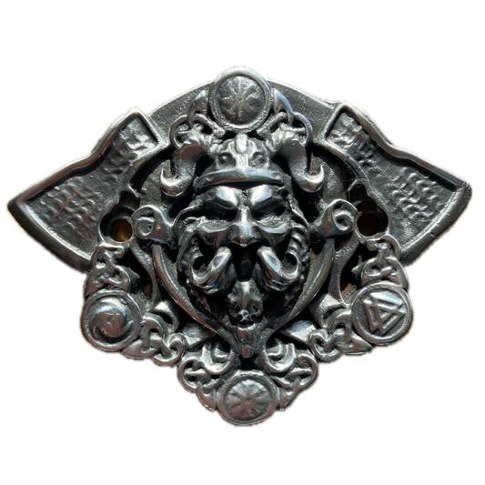 Viking Motorcycle Horn Cover – Norse Warrior Head and Axes Hand Cast in Solid Pewter