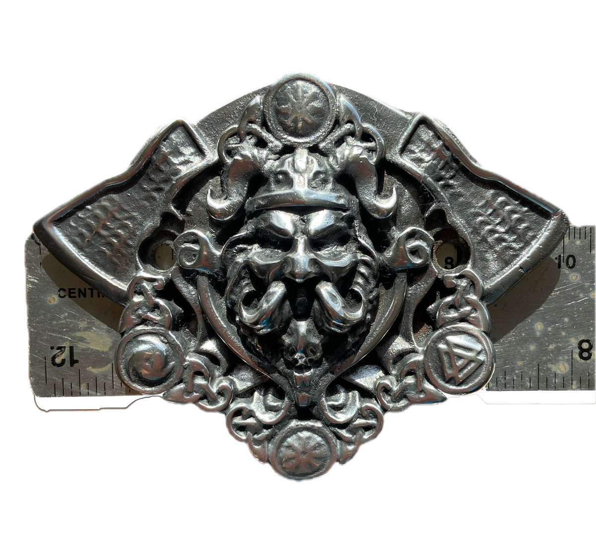 Viking Motorcycle Horn Cover – Norse Warrior Head and Axes Hand Cast in Solid Pewter