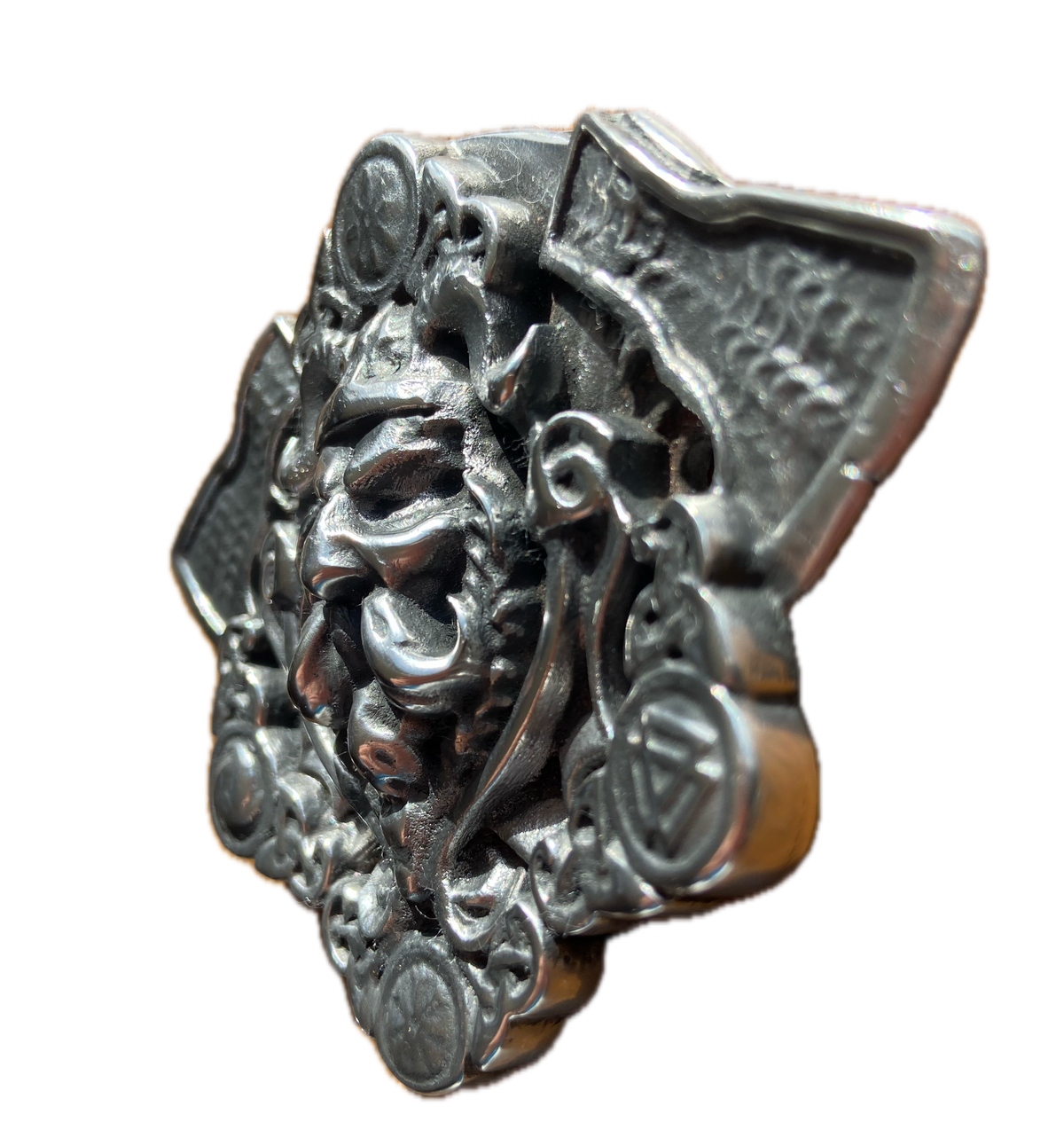 Viking Motorcycle Horn Cover – Norse Warrior Head and Axes Hand Cast in Solid Pewter