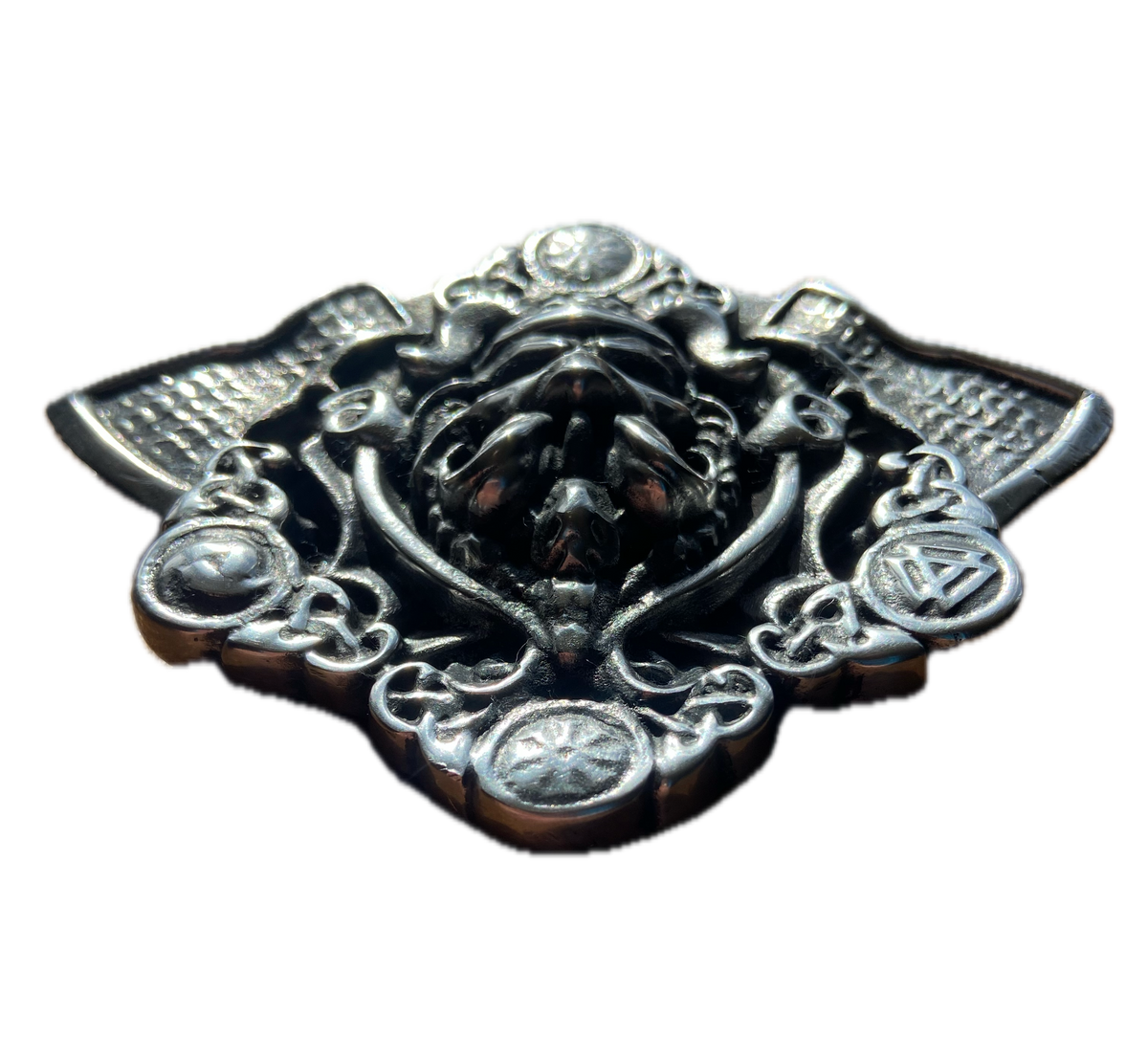 Viking Motorcycle Horn Cover – Norse Warrior Head and Axes Hand Cast in Solid Pewter
