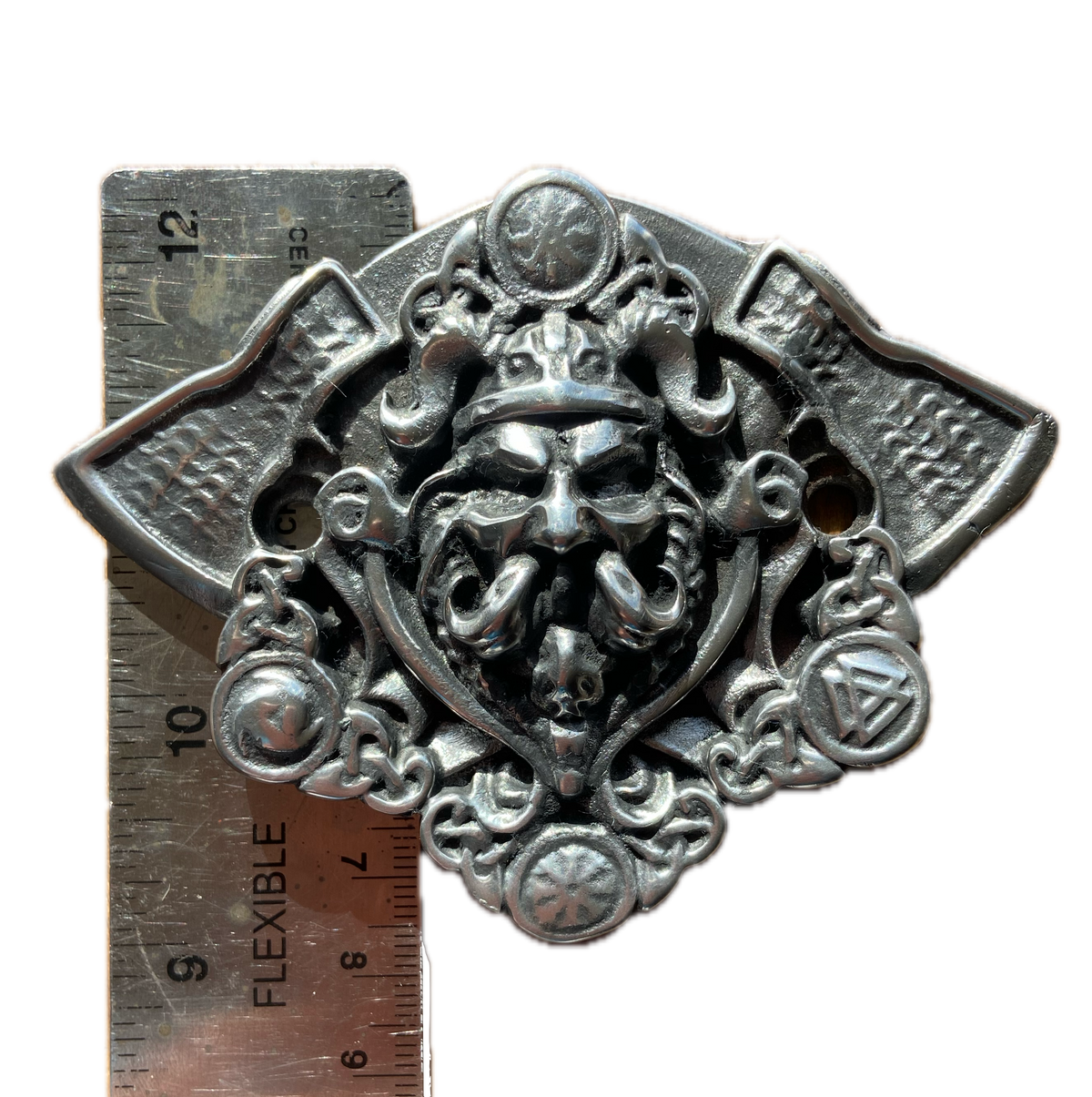Viking Motorcycle Horn Cover – Norse Warrior Head and Axes Hand Cast in Solid Pewter