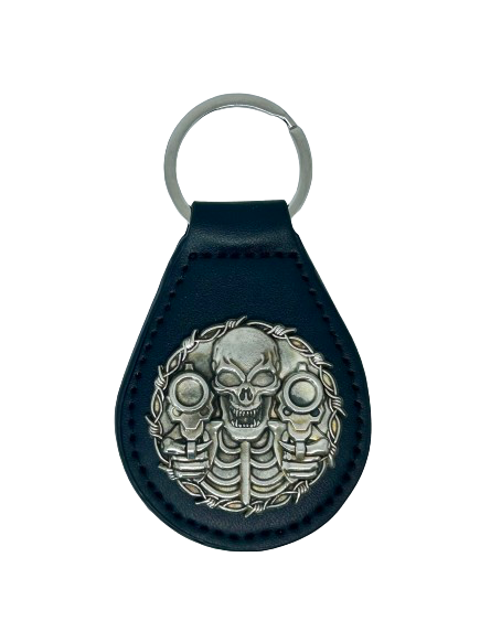 Skull with guns PLU key fob, Motorcycle riders skull design key tag, Harly key tag, Motorcycle key tag