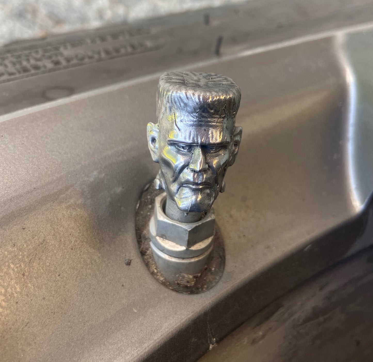 Handmade Frankenstein’s Monster Tire Valve Cover – Solid Pewter | Gothic Car Accessory | Halloween Auto Gift | Unique Hot Rod Detail