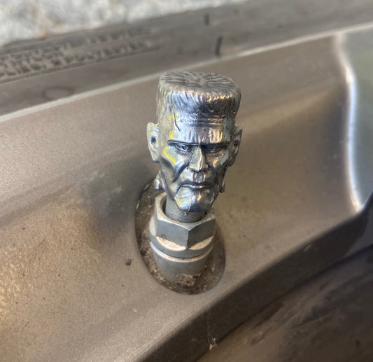 Handmade Frankenstein’s Monster Tire Valve Cover – Solid Pewter | Gothic Car Accessory | Halloween Auto Gift | Unique Hot Rod Detail