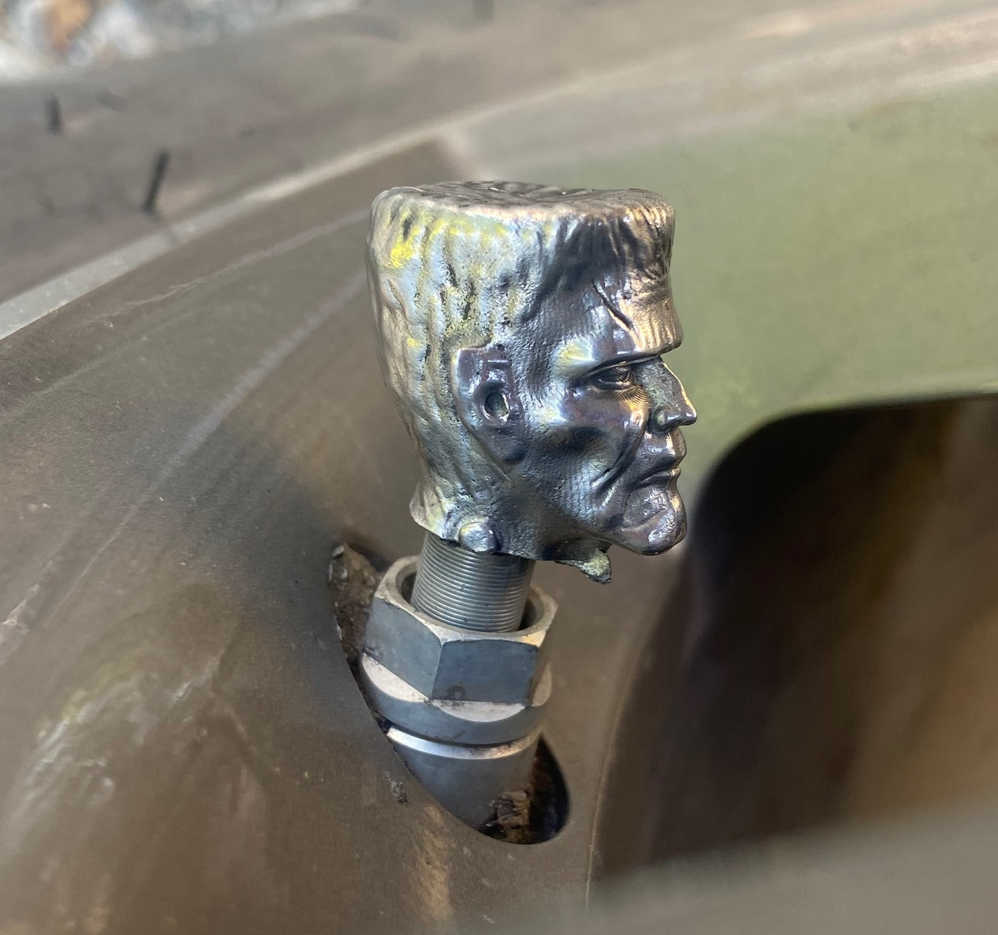 Handmade Frankenstein’s Monster Tire Valve Cover – Solid Pewter | Gothic Car Accessory | Halloween Auto Gift | Unique Hot Rod Detail