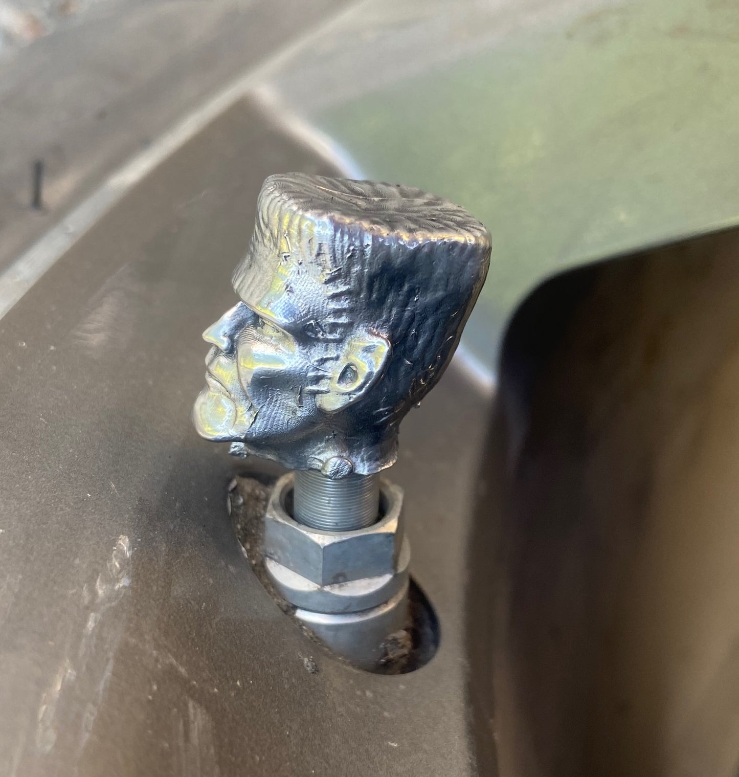 Handmade Frankenstein’s Monster Tire Valve Cover – Solid Pewter | Gothic Car Accessory | Halloween Auto Gift | Unique Hot Rod Detail