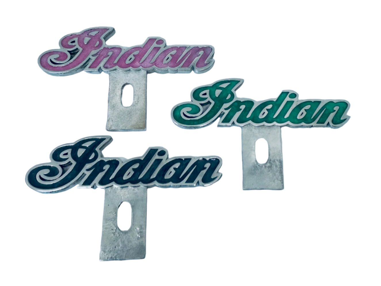 Indian Motorcycle logo license plate topper with red color fill - custom solid pewter Indian plate topper - Indian IMRG logo badge