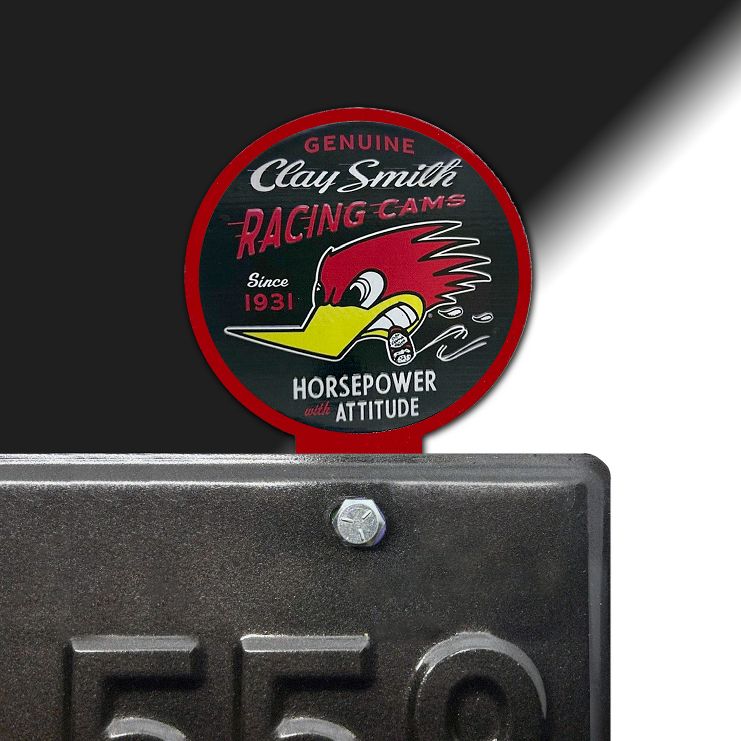 Clay Smith license plate topper, Clay Smith Cams collective, Woodpecker topper, Clay Smith plate topper