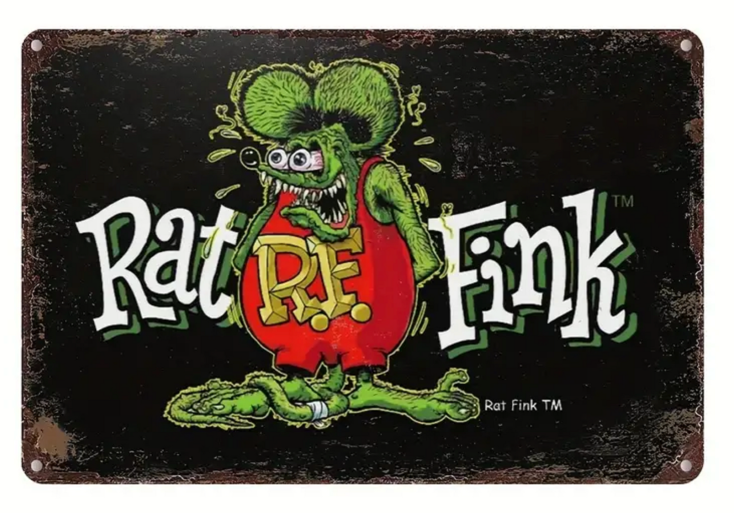 Rat Fink aluminum sign - custom aged looking Rat Fink wall sign - Collectible Rat Fink sign - Ed Roth Rat Fink product - Big Daddy Ed Roth